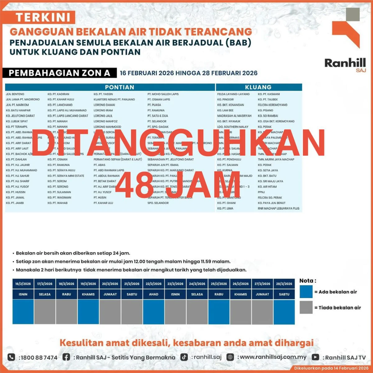 Scheduled water supply suspended in Kluang and Pontian