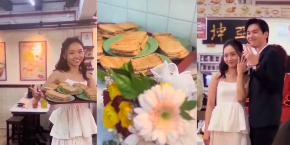 Singaporean couple marries in a kopitiam, feeds roti bakar to wedding guests Singaporean couple marries in a kopitiam, feeds roti bakar to wedding guests