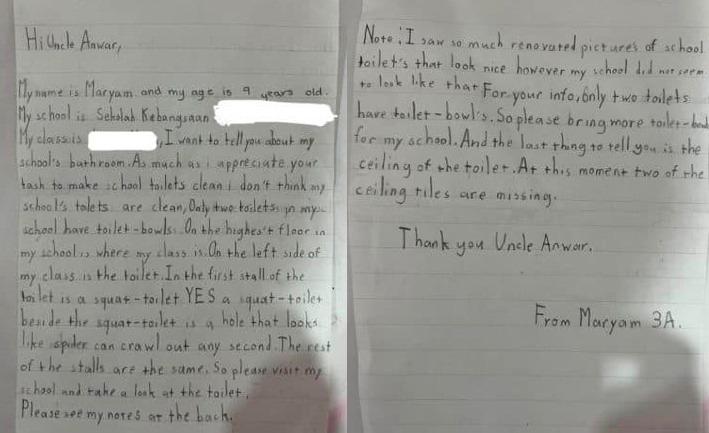 Terima kasih Maryam, saya akan percepat selesaikan masalah tandas sekolah: PM 