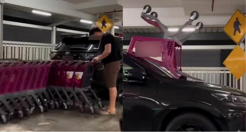 Trolley dumped on top of Singapore-registered car parked illegally in Johor shopping mall