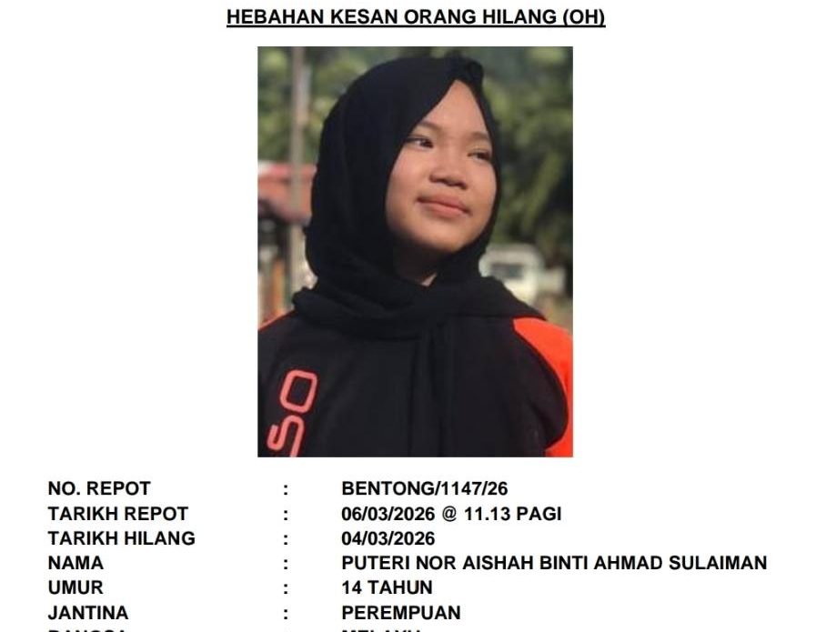 Police seek public's help to find missing Bentong teenager