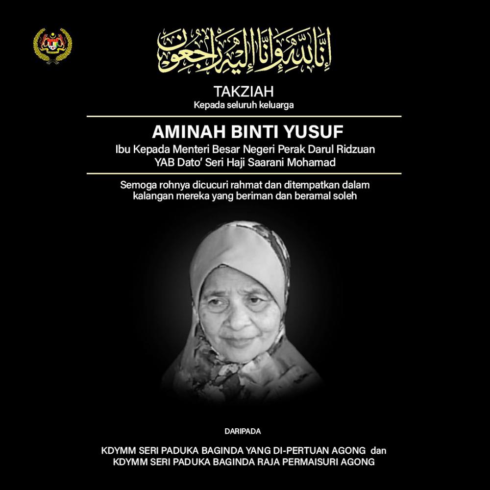 Agong, Permaisuri zahir ucapan takziah atas pemergian ibu MB Perak