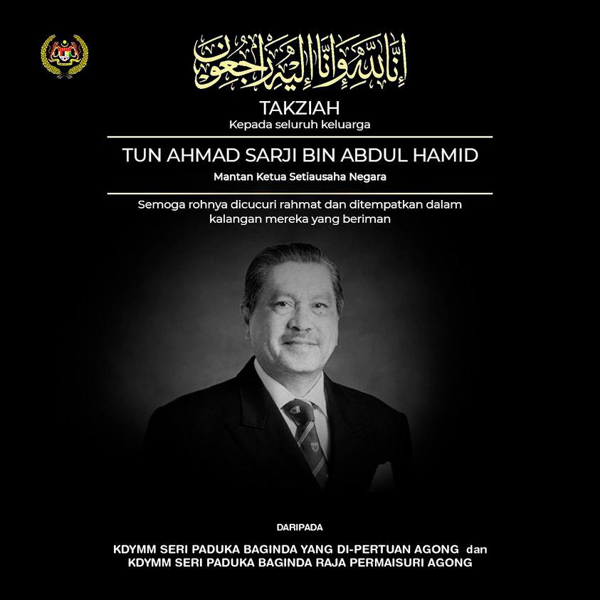 Agong, Raja Permaisuri zahir ucapan takziah kepada keluarga Tun Ahmad Sarji