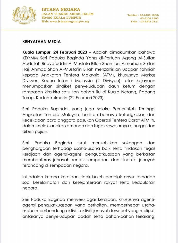 Agong titah perhebat bendung aktiviti jenayah, sama-sama jaga kedaulatan negara Agong titah perhebat bendung aktiviti jenayah, sama-sama jaga kedaulatan negara