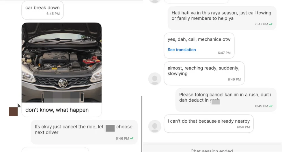 E-hailing_driver_s_car_breaks_down_while_on_the_way_to_pick_up_passenger__allegedly_refuses_to_cancel_ride E-hailing driver's car breaks down while on the way to pick up passenger, allegedly refuses to cancel ride