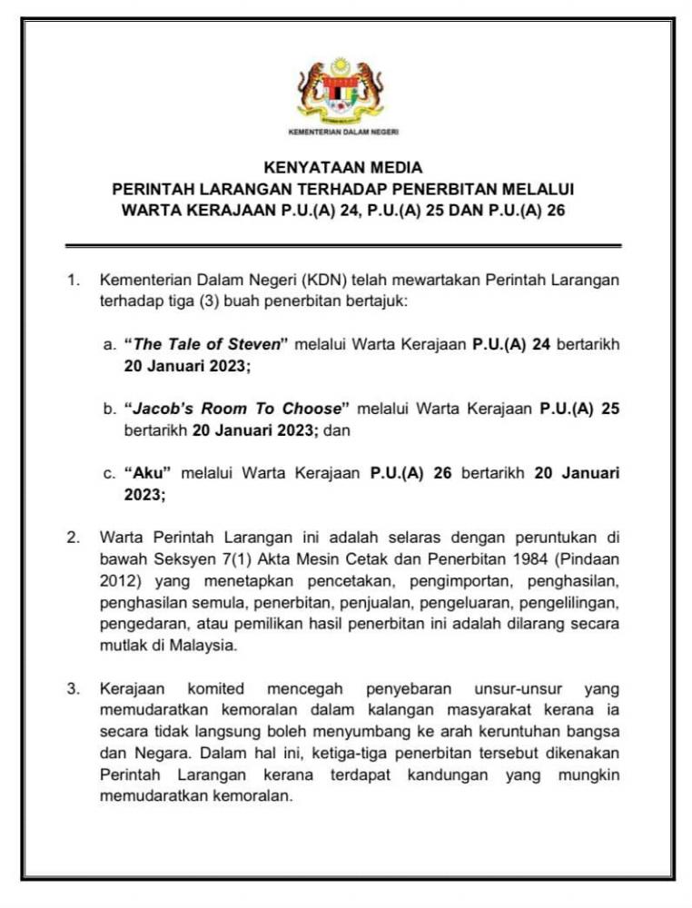 KDN bans three publications for immorality, LGBT