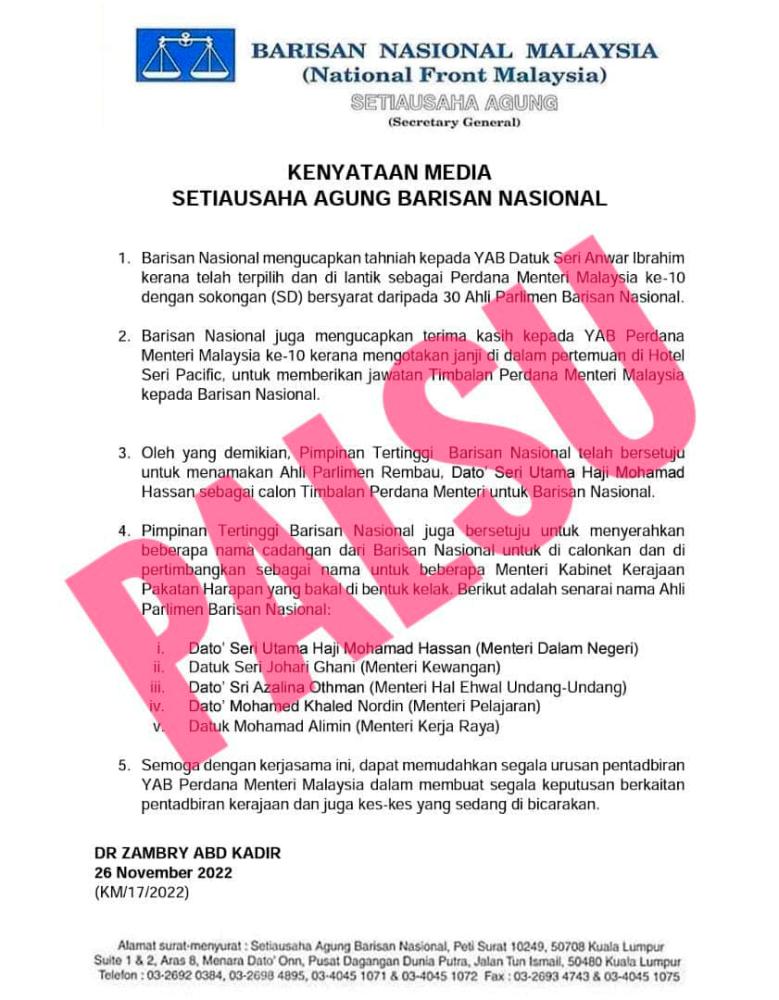 Kenyataan media BN cadang lantik lima ahli parlimennya sebagai menteri adalah palsu Kenyataan media BN cadang lantik lima ahli parlimennya sebagai menteri adalah palsu