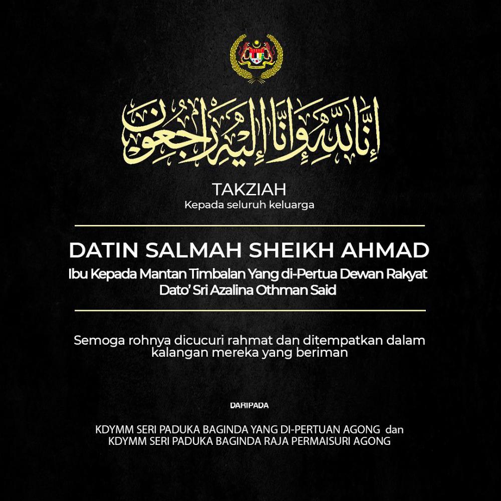 King, Queen convey condolences over death of Azalina’s mother