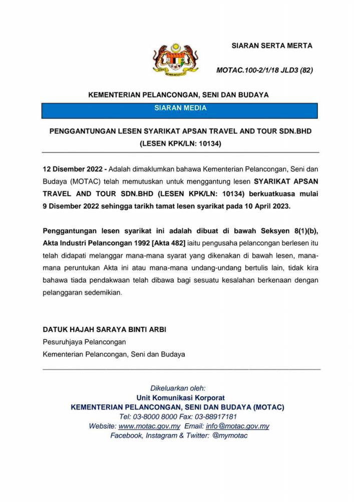 MOTAC suspends Apsan travel and tour licence MOTAC suspends Apsan travel and tour licence