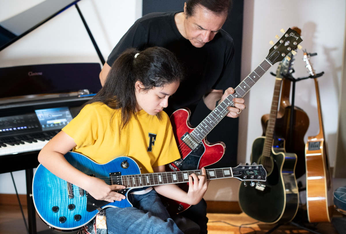 The Deeb household is filled with instruments, including a collection of roughly 140 guitars.