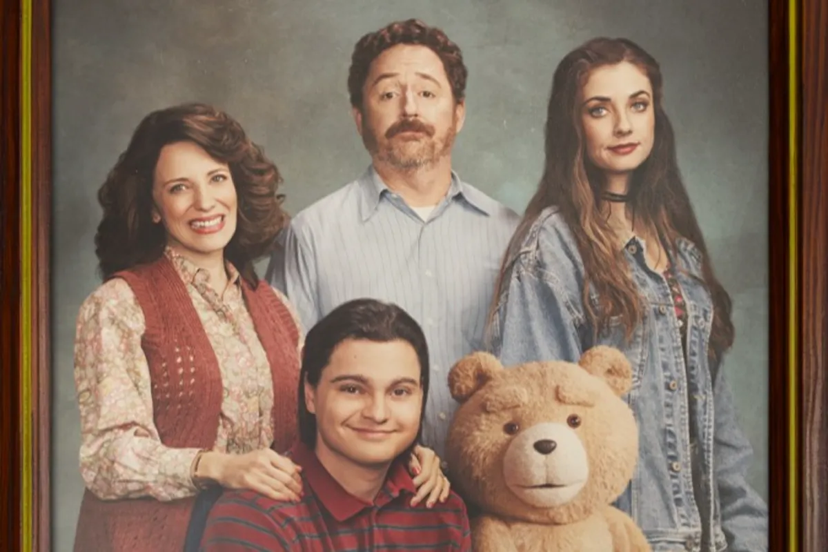 Top row, from left: Ubach as Susan, Grimes as Matty, Whigham as Blaire. Bottom row, from left: Burkholder as John and MacFarlane (voice) as Ted.