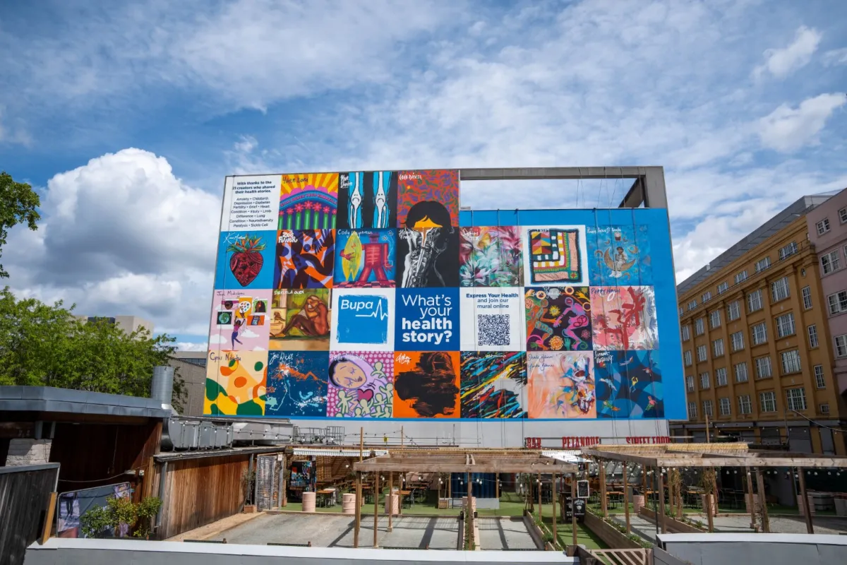 As part of Bupa’s Express Your Health campaign, the hand-painted mural on London’s Southbank brings together powerful health stories expressed through art by more than 20 creators from around the world.
