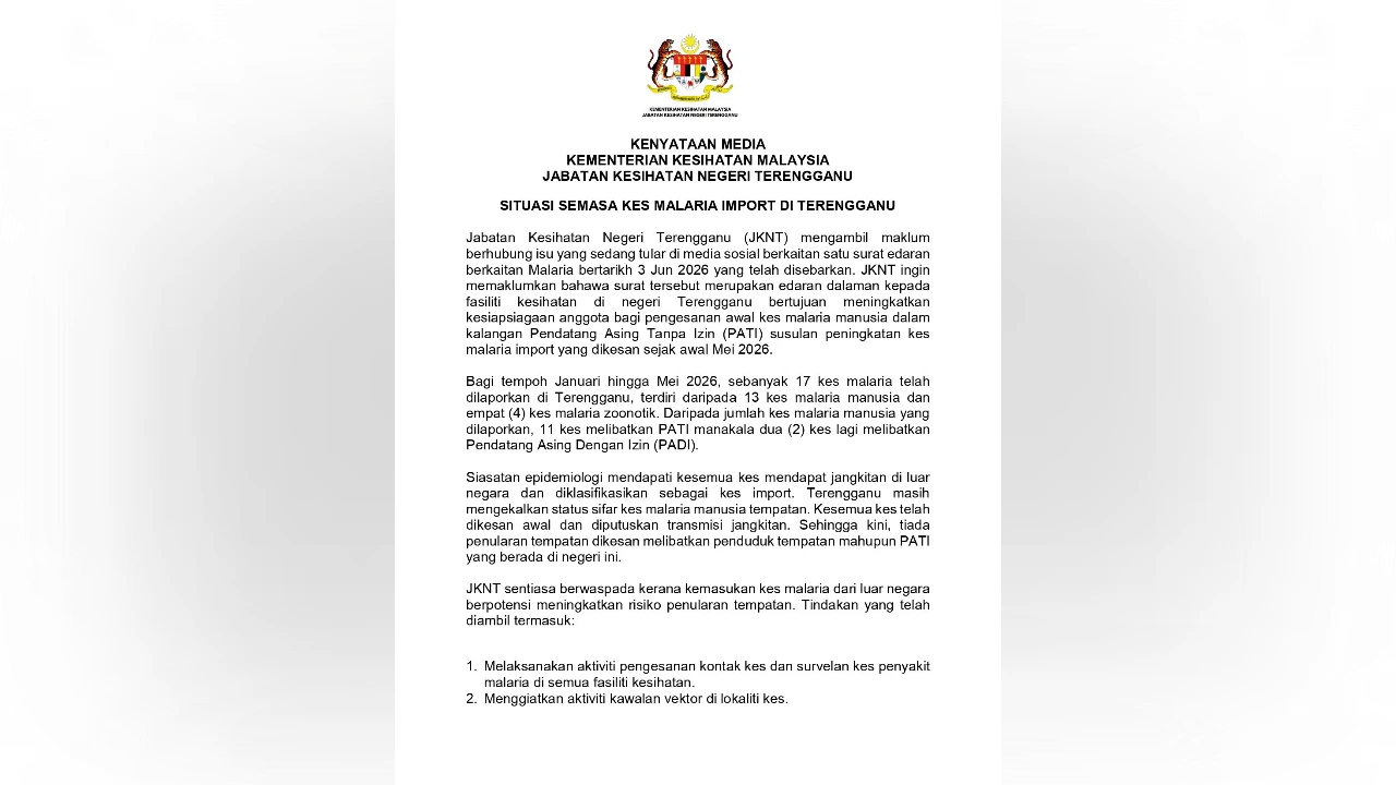 Terengganu maintains zero local malaria cases amid rise in imported infections