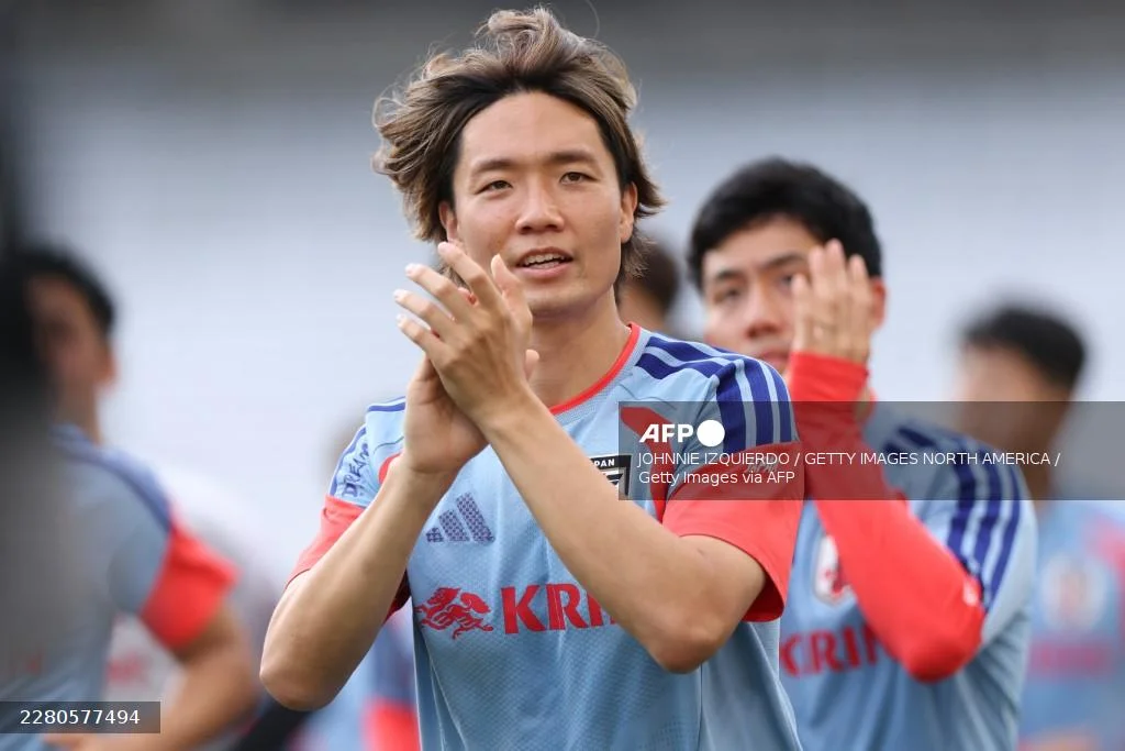 Ko Itakura #4 of Japan reacts during an open practice ahead of the 2026 World Cup in Geodis Park on June 08, 2026 in Nashville, Tennessee