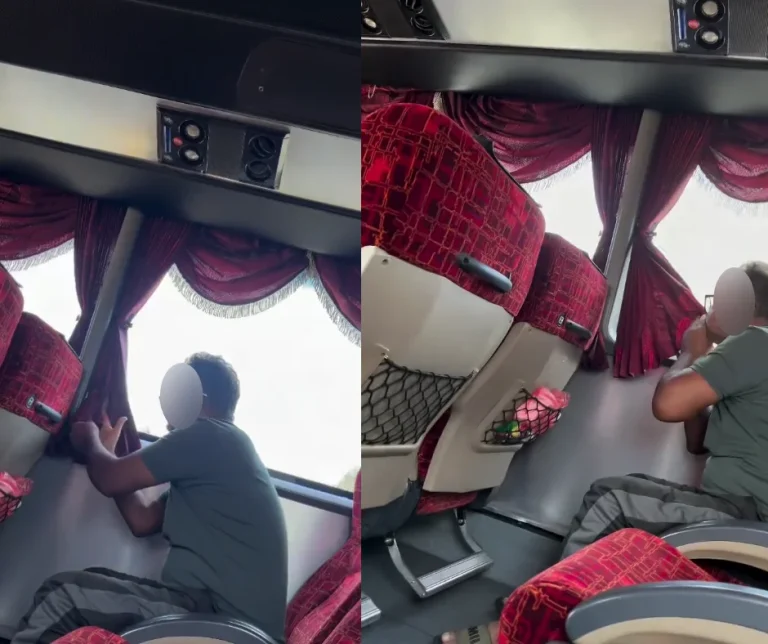 Hygiene shock on bus as passenger allegedly wipes food residue on curtain