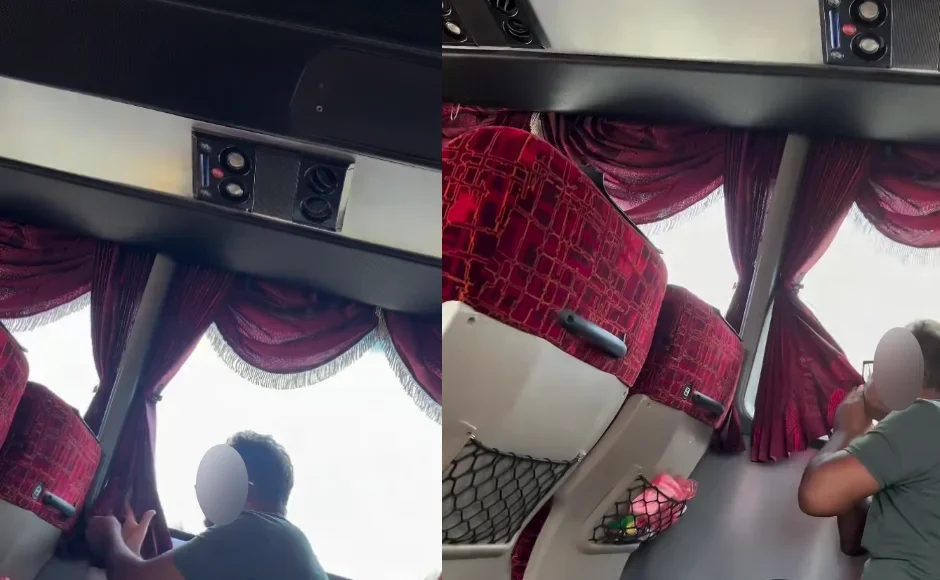 Hygiene shock on bus as passenger allegedly wipes food residue on curtain