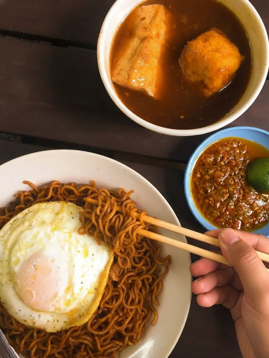 Mee tauhu is usually served with gravy on the side, allowing diners to control how much sauce goes over the noodles.