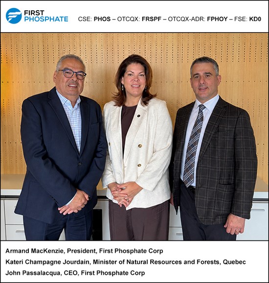 First Phosphate Selected for "Filon" Fastrack Status with the Québec Ministry of Natural Resources and Forests