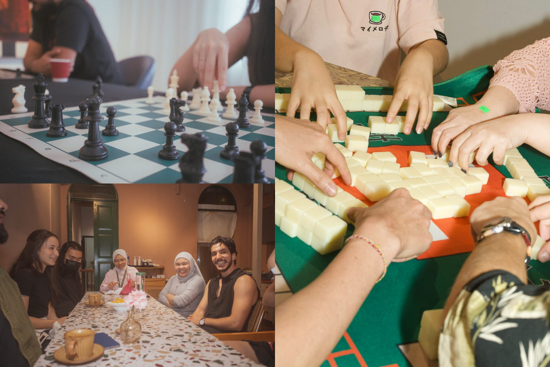 created by photogrid Speaking Games Malaysia, Jom Mahjong Malaysia and Friends Who Chess bring people together through conversation, mahjong and chess.